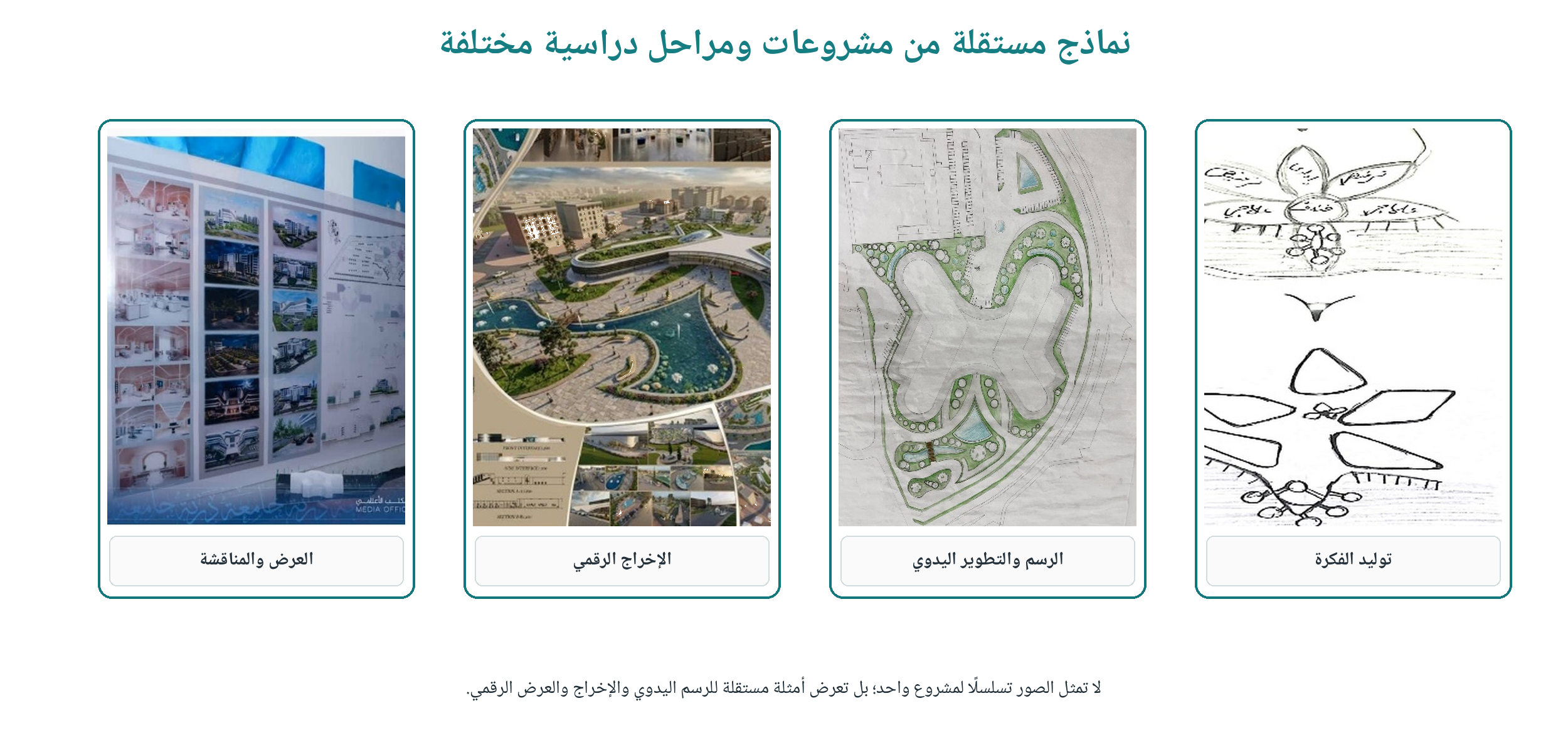 شكل (6): نماذج مختارة توضح أنماط الانتقال من الفكرة اليدوية إلى العرض الرقمي في مراحل ومشروعات مختلفة. المصدر: إعداد الباحثة بالاستناد إلى الملاحظة الميدانية ونماذج من أعمال الطلبة بعد حجب البيانات التعريفية المباشرة.